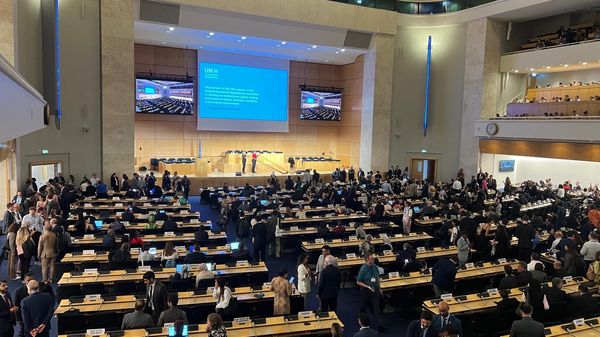 Delegates gather in the Assembly Hall for the opening plenary of the final Plastic Treaty negotiations.